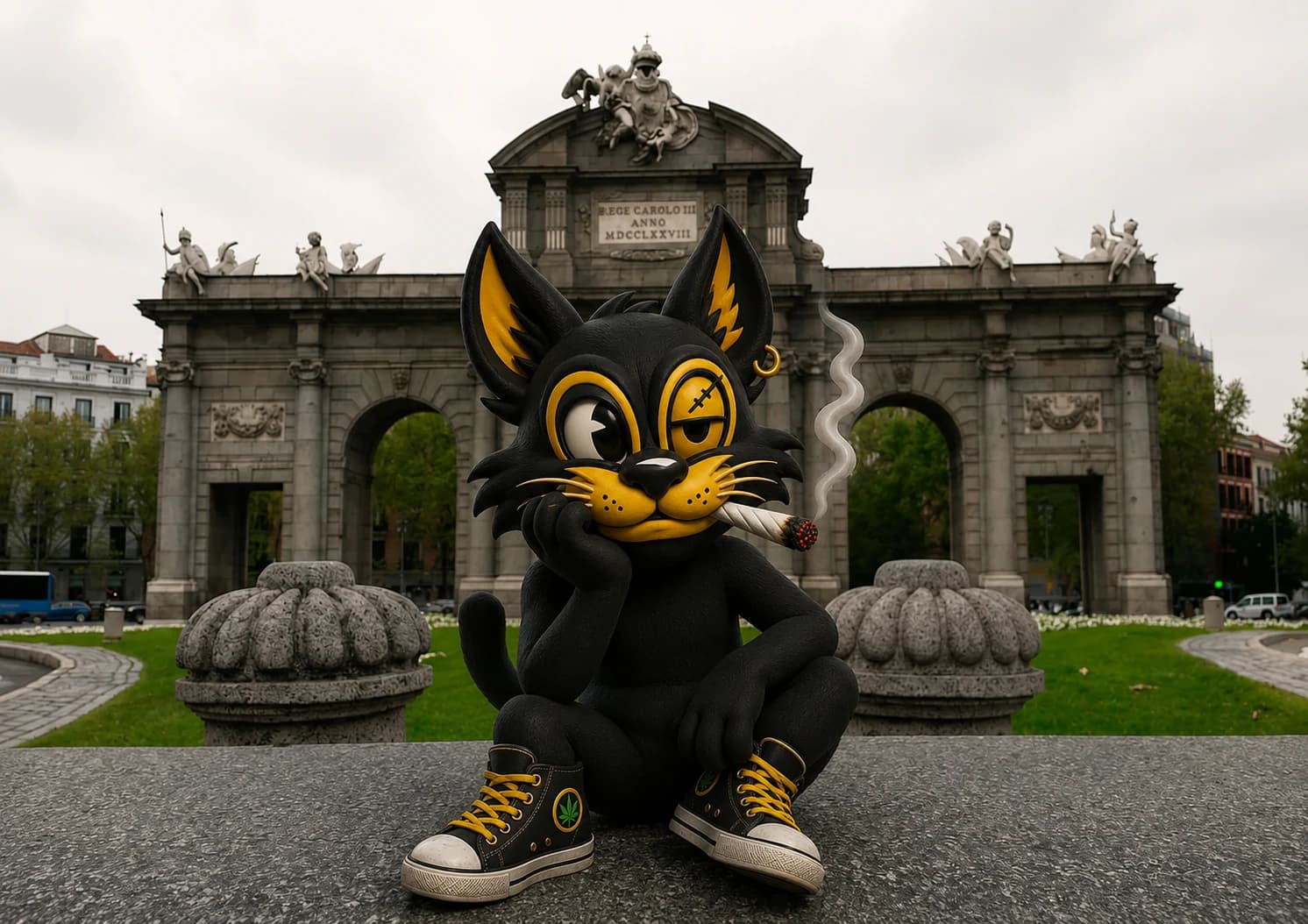 Mascota de Club Weed Madrid frente a la Puerta de Alcalá, Madrid