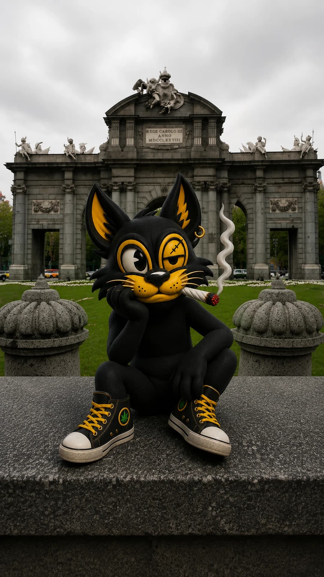Mascota de Club Weed Madrid frente a la Puerta de Alcalá, Madrid