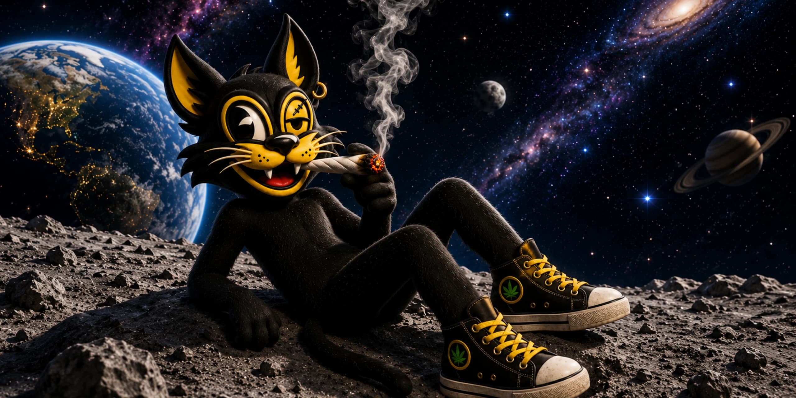 Mascota de Club Weed Madrid fumando en la luna